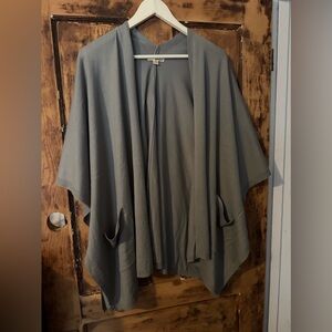 Gray Draped Open Front Poncho Sweater with Pockets